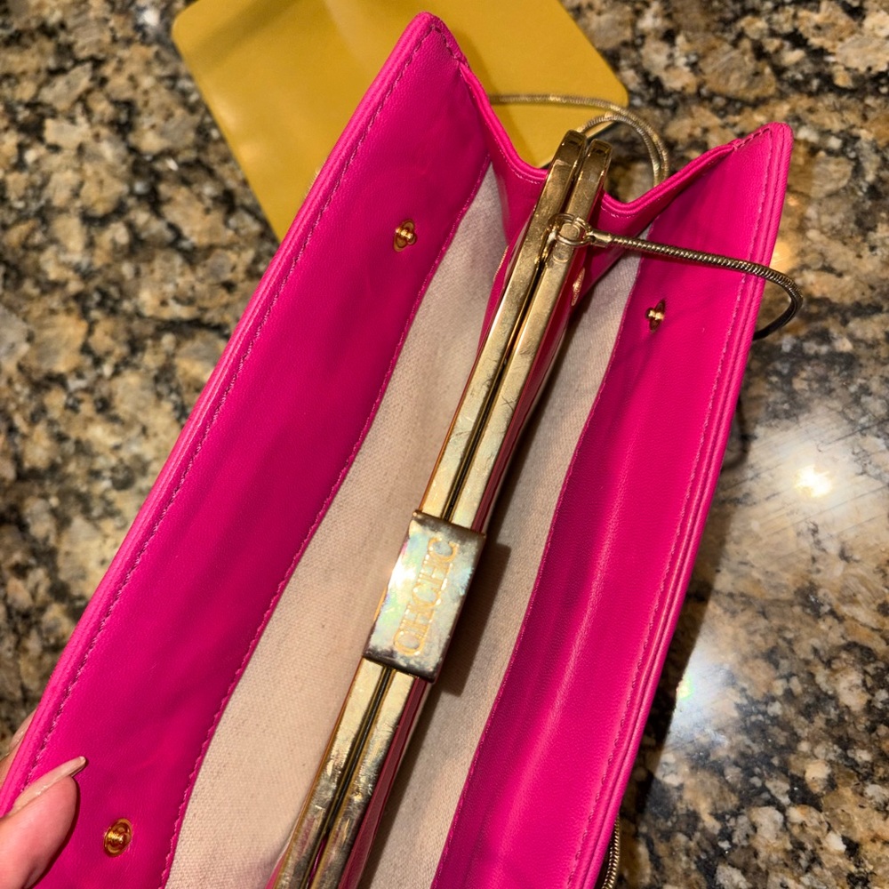 Carolina Herrera Fuchsia Quilted Clutch with Gold Strap - Picture 4 of 5